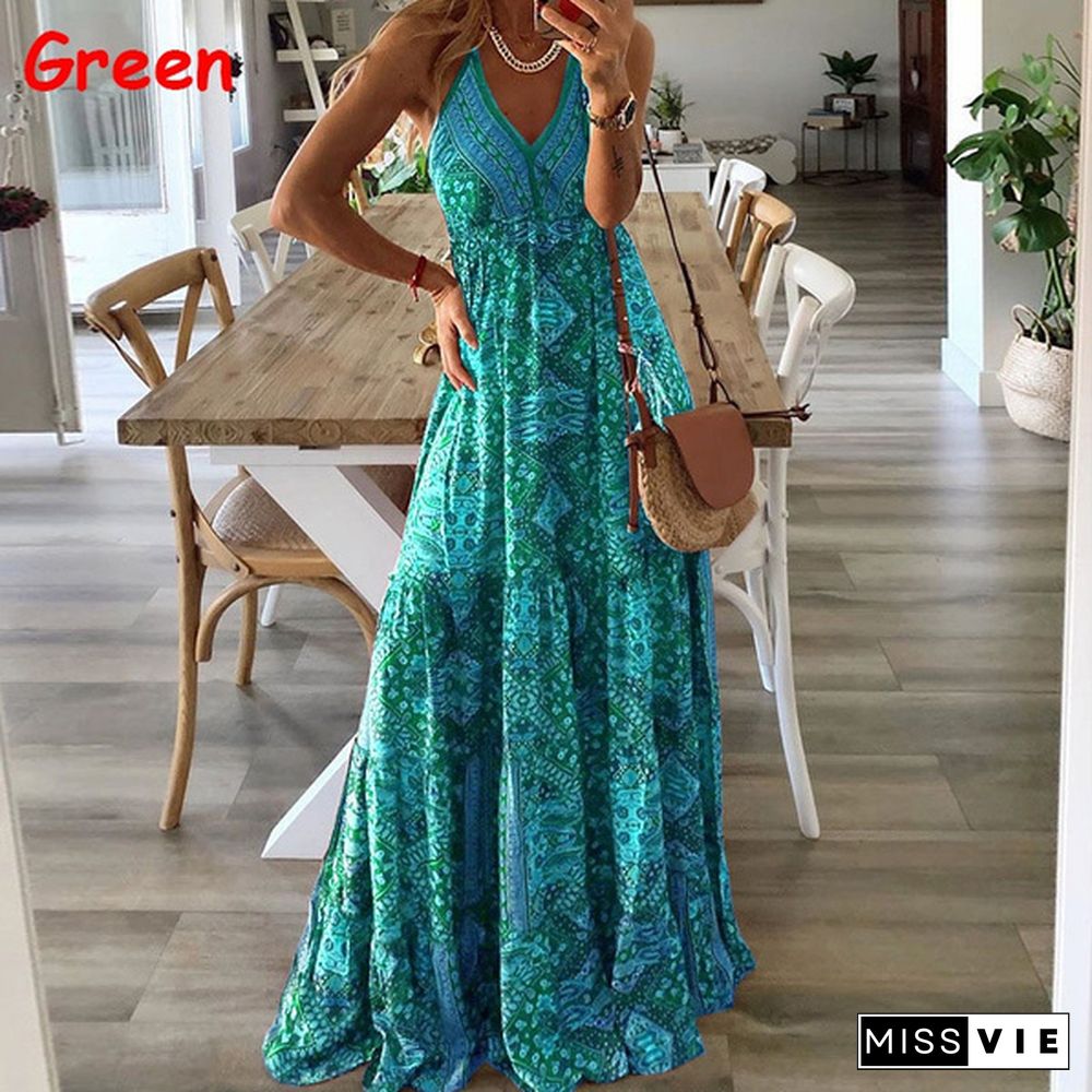 Bohemia Style Women Summer V-neck Casual Beach Maxi Dresses Print Bohemian Plus Size 3XL Vestido