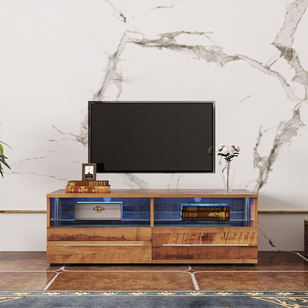 TV Console with 16 Color LED Remote Control Lights Media Console Entertainment Center with 2 Drawers   2 Open Shelves  Walnut