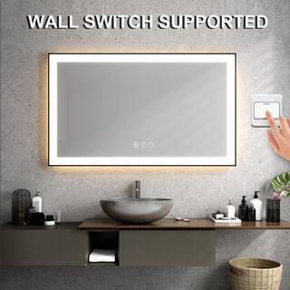 waterpar 72 in. W x 36 in. H Rectangular Framed Anti-Fog LED Wall Bathroom Vanity Mirror in Black with Backlit and Front Light WP013