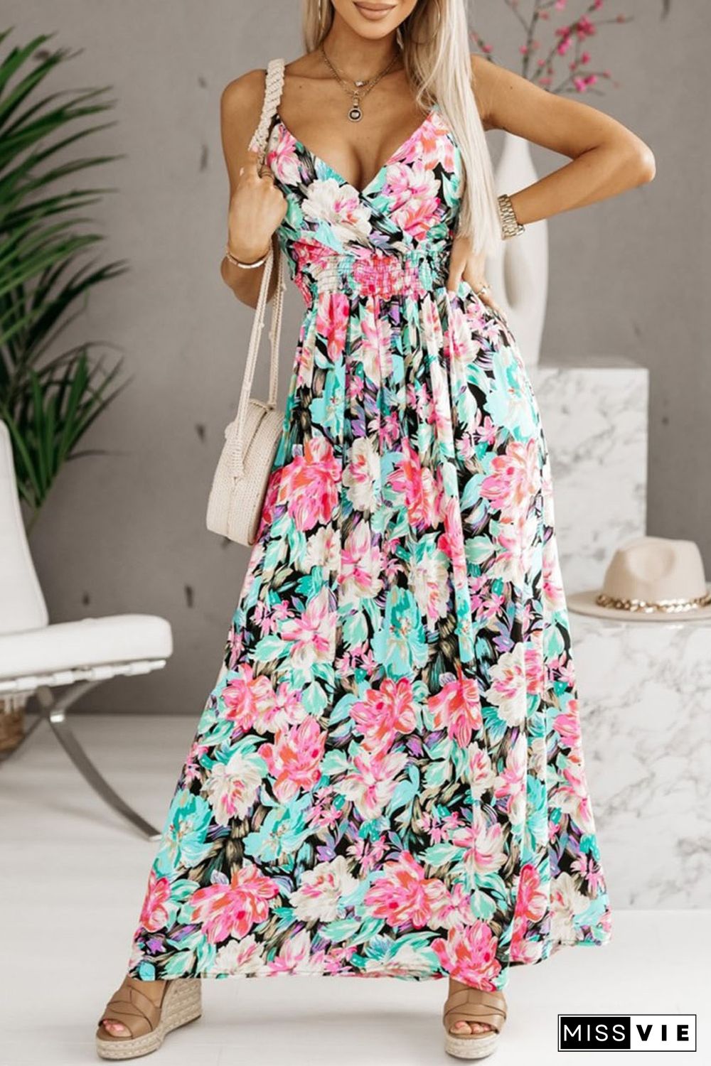 Green Sling V-Neck Elastic Waist Floral Maxi Dress