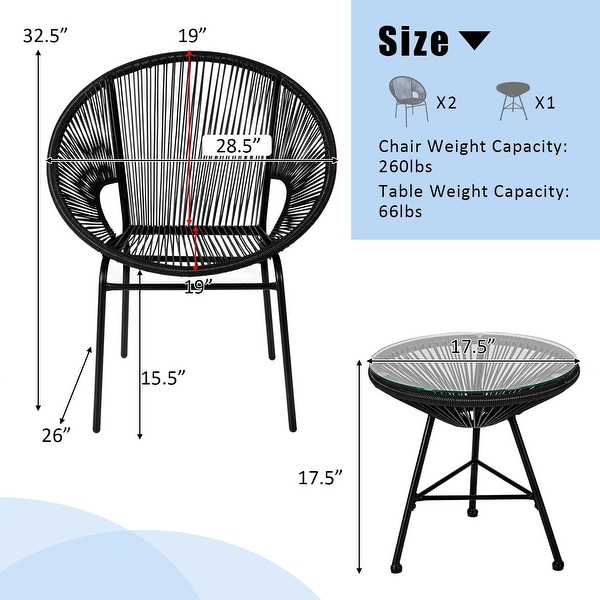 3PCS Patio Acapulco Furniture Bistro Set with Glass Table