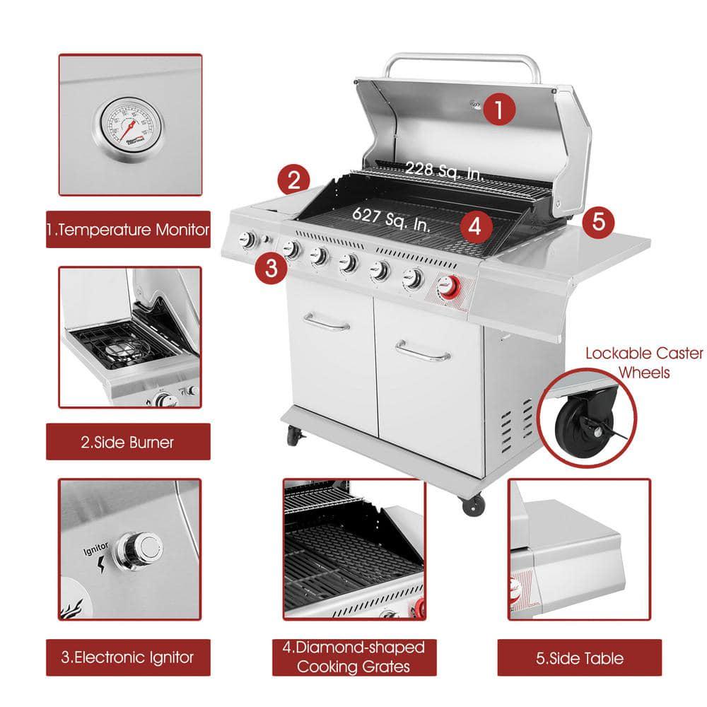 Royal Gourmet 6Burner Propane Gas Grill in Stainless Steel with Sear Burner and Side Burner