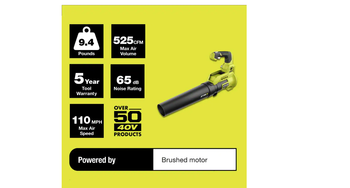 RYOBI RY40408BTLVNM 40V 110 MPH 525 CFM Cordless Battery Variable-Speed Jet Fan Leaf Blower (Tool-Only)