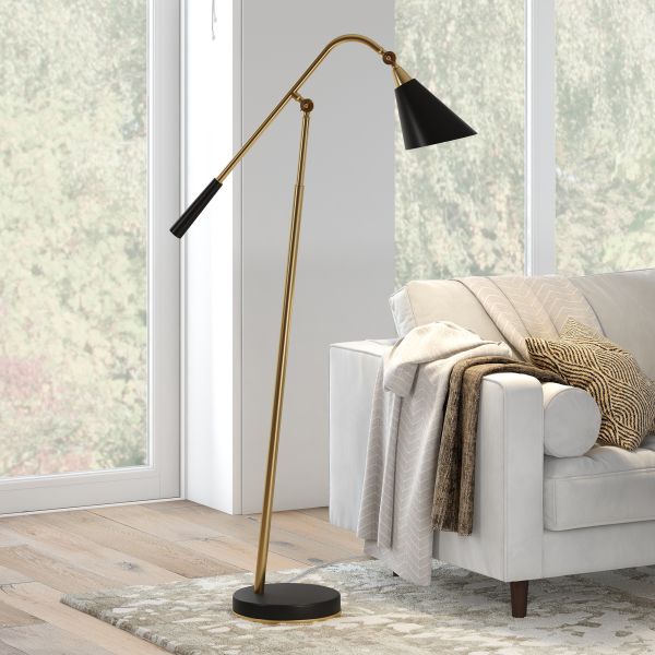 Vidal Two-Tone/Tilting Floor Lamp with Metal Shade in Brass/Matte Black/Matte Black