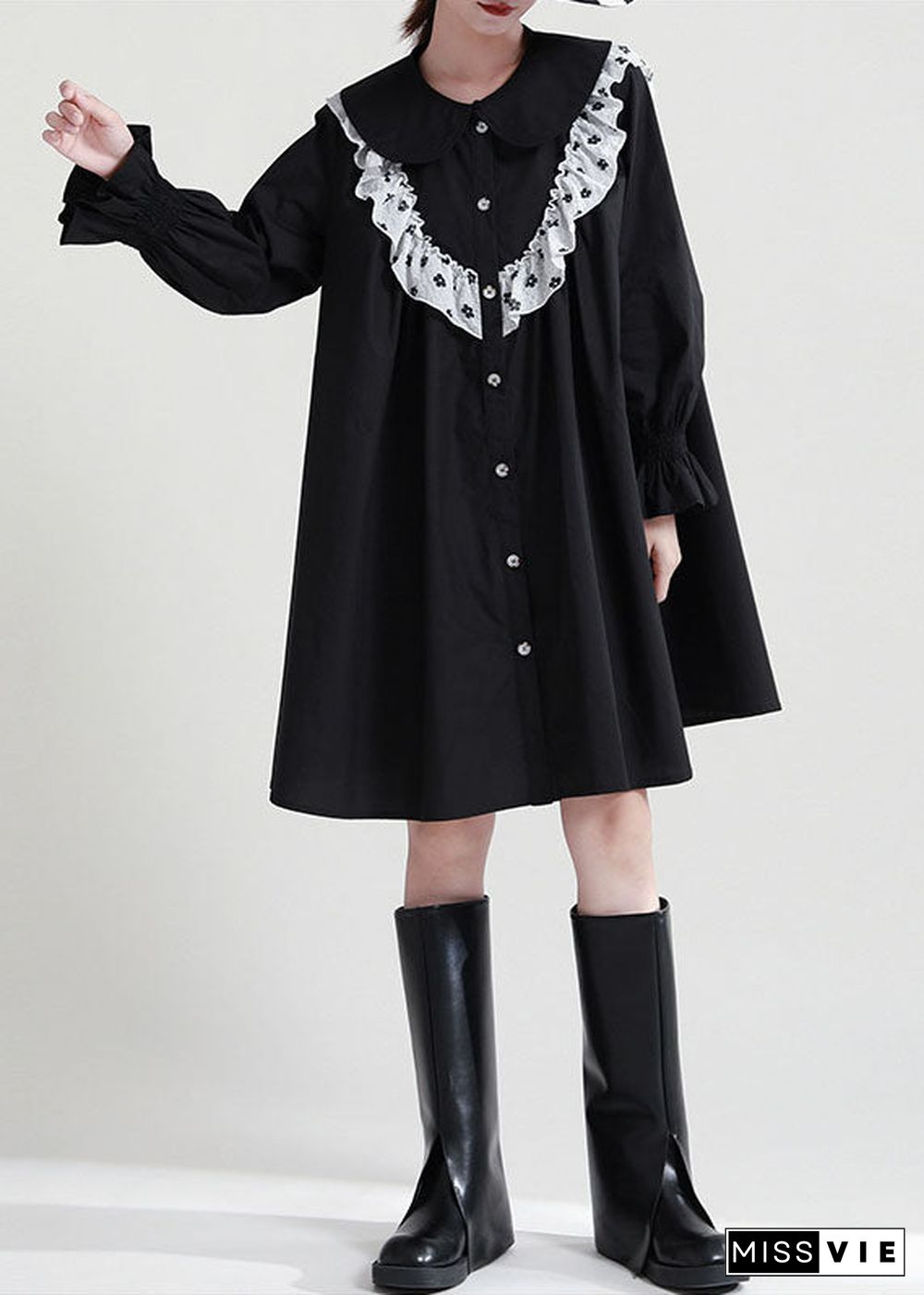 Italian Black Ruffled Patchwork Cotton Shirt Dresses Fall