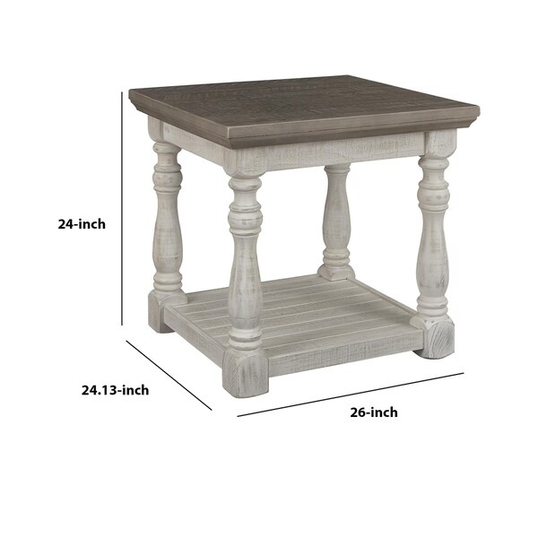 Plank Style End Table with Turned Legs and Open Shelf， White and Gray