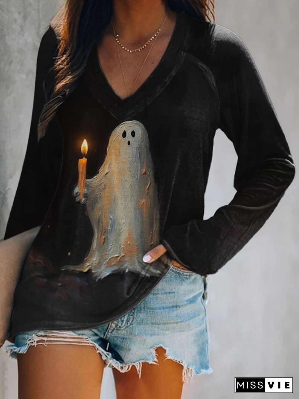 Retro Ghost Painting Candle Print T-Shirt