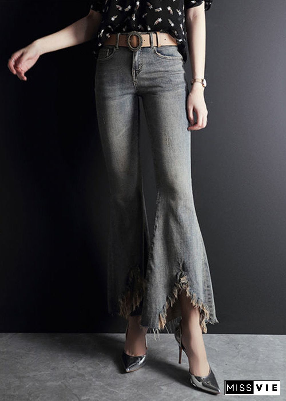 Fashion Light Blue Asymmetrical Pockets Cotton Denim Flare Pants Summer