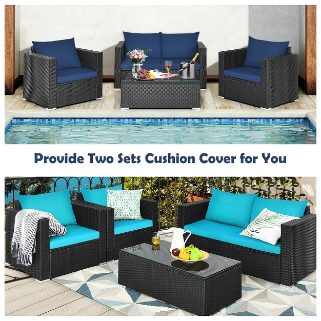 Costway 4pcs Patio Rattan Furniture Set Cushioned Sofa Loveseat With Navy amp Turquoise Cover