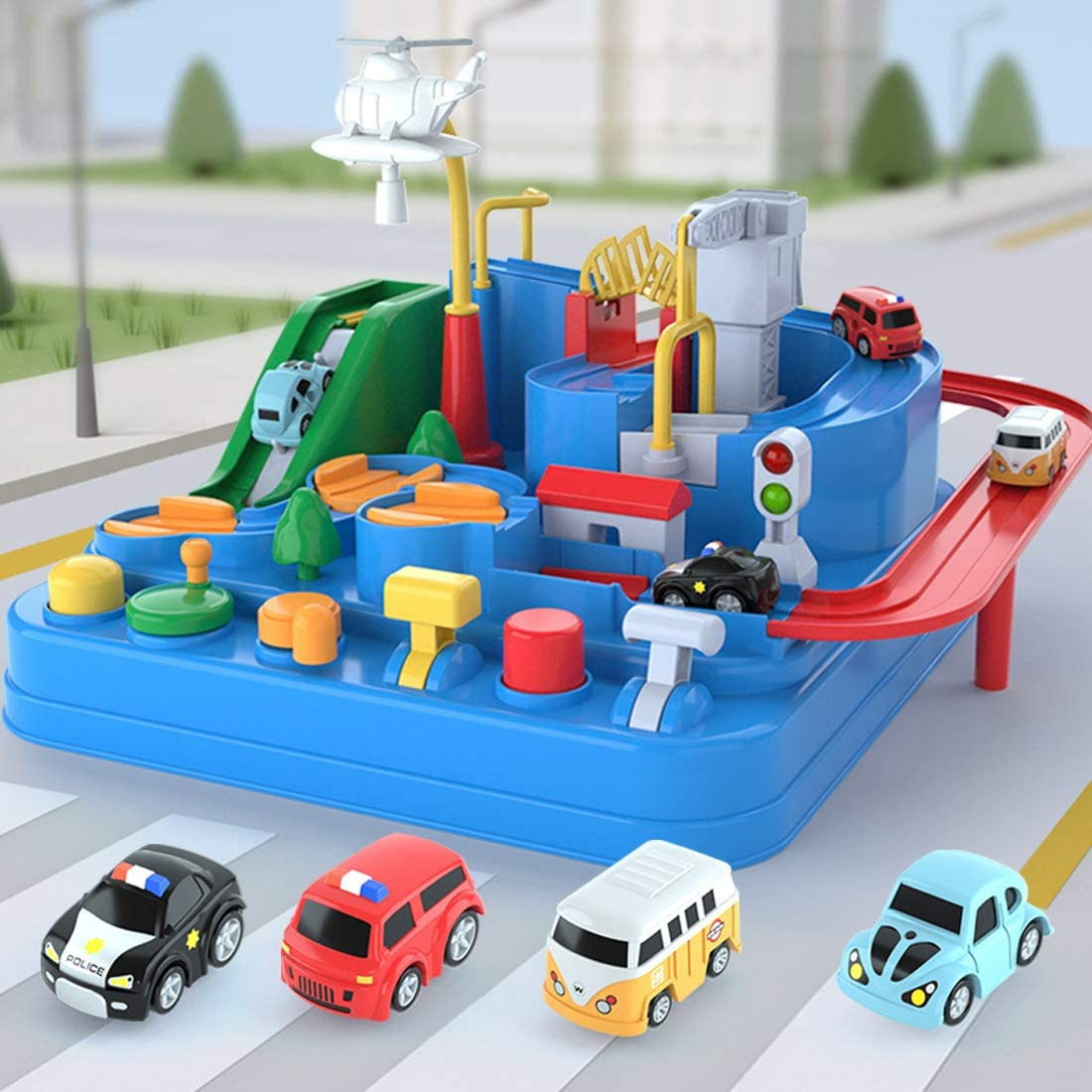 Adventure Race Car Tracks Toys for 3 4 5 6 Year Old Boys Parent-Child Interactive Racing Kids Game Set with Police car， Ambulance， School Bus， Taxi