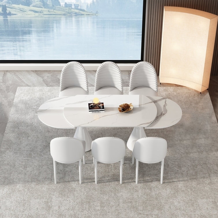 Modern extendable 67'' to 94.5'' Kitchen Table White sintered Stone Table top for 6 10 People(1 Table 6 White Chairs)