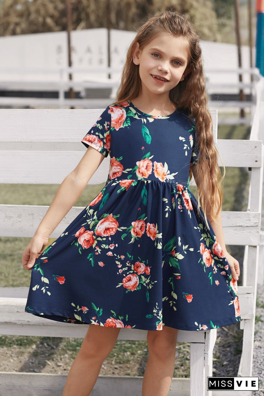 Blue Short Sleeve Pocketed Children's Floral Dress