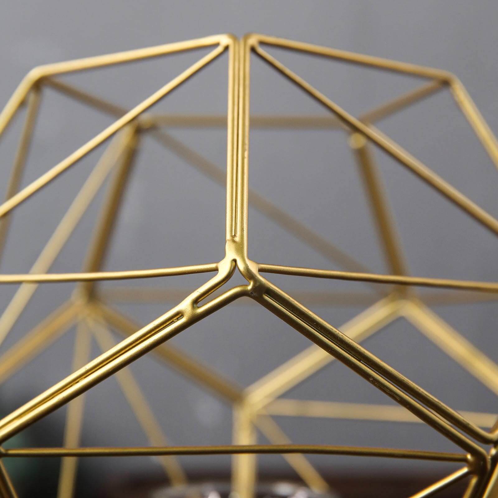 Gold Metal Pentagon Prism Tealight Candle Holder, Open Frame Geometric Flower Stand 7