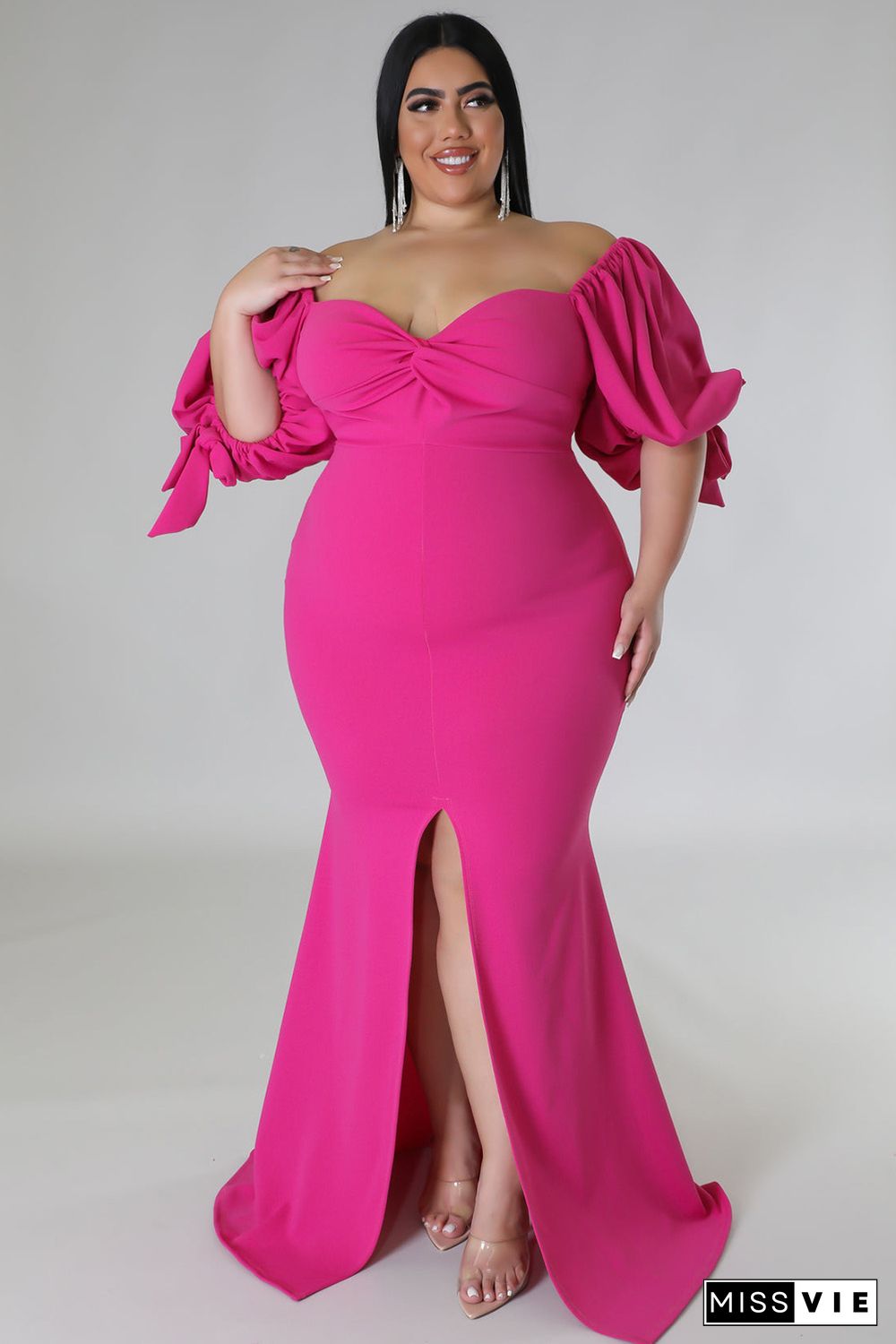 Rose Bow Tie Puff Sleeve Plus Size High Slit Maxi Dress