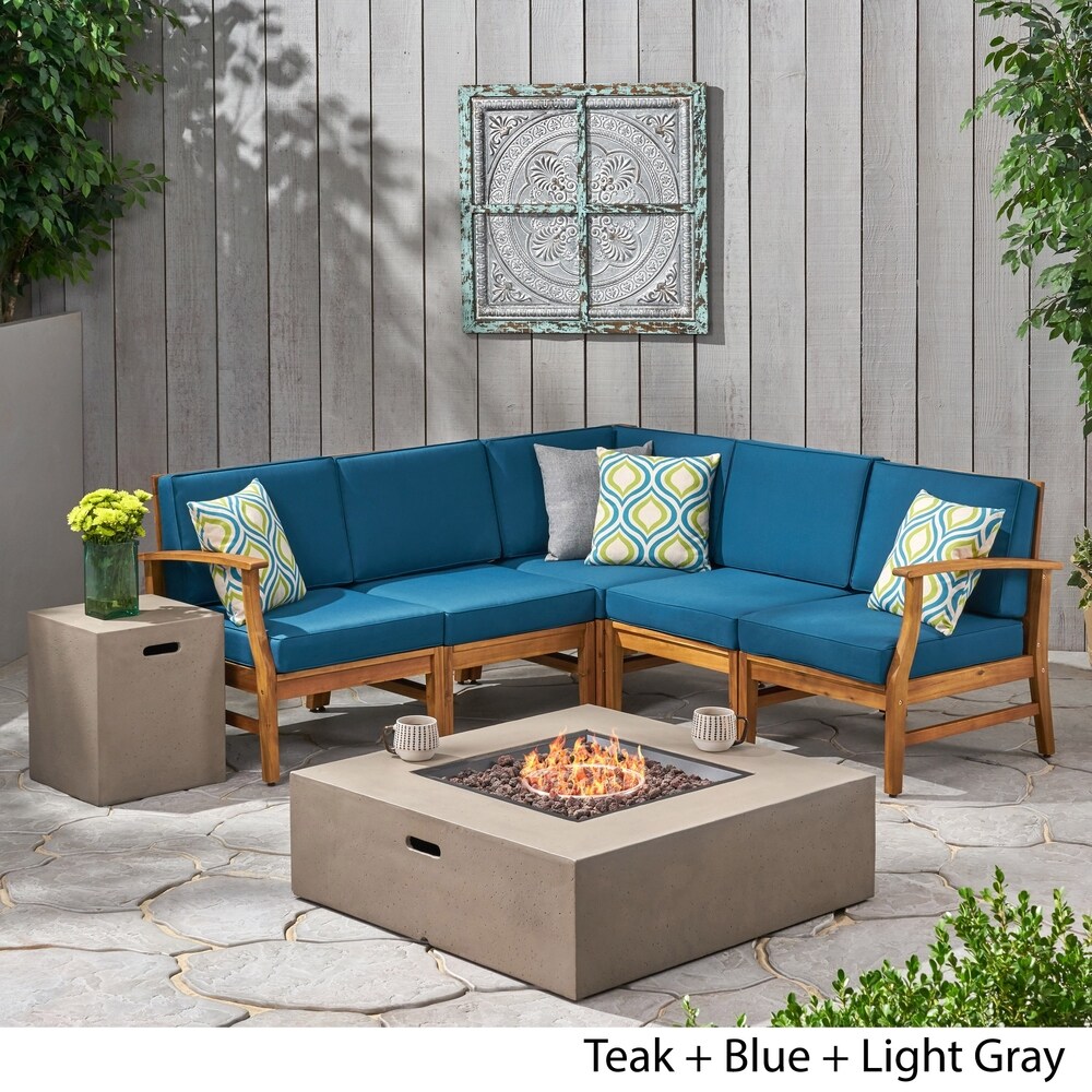 Illona Outdoor 5 Seater V Shaped Acacia Wood Sofa Set with Square Fire Table and Tank by Christopher Knight Home