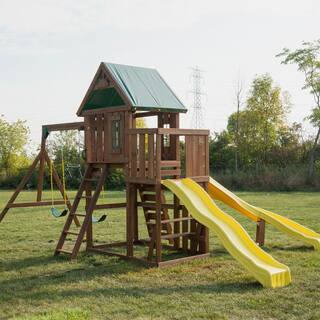 Swing-N-Slide Playsets Castlebrook Ready-To-Assemble Wooden Outdoor Playset with 2 Slides Rock Wall Swings and Swing Set Accessories WS 8355