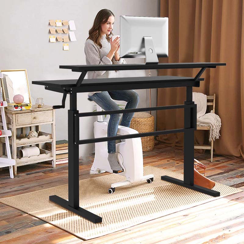 2-Tier Standing Desk, Height Adjustable Sit Stand Up Desk, Computer Desk Workstation with Monitor Stand & Foldable Crank Handle