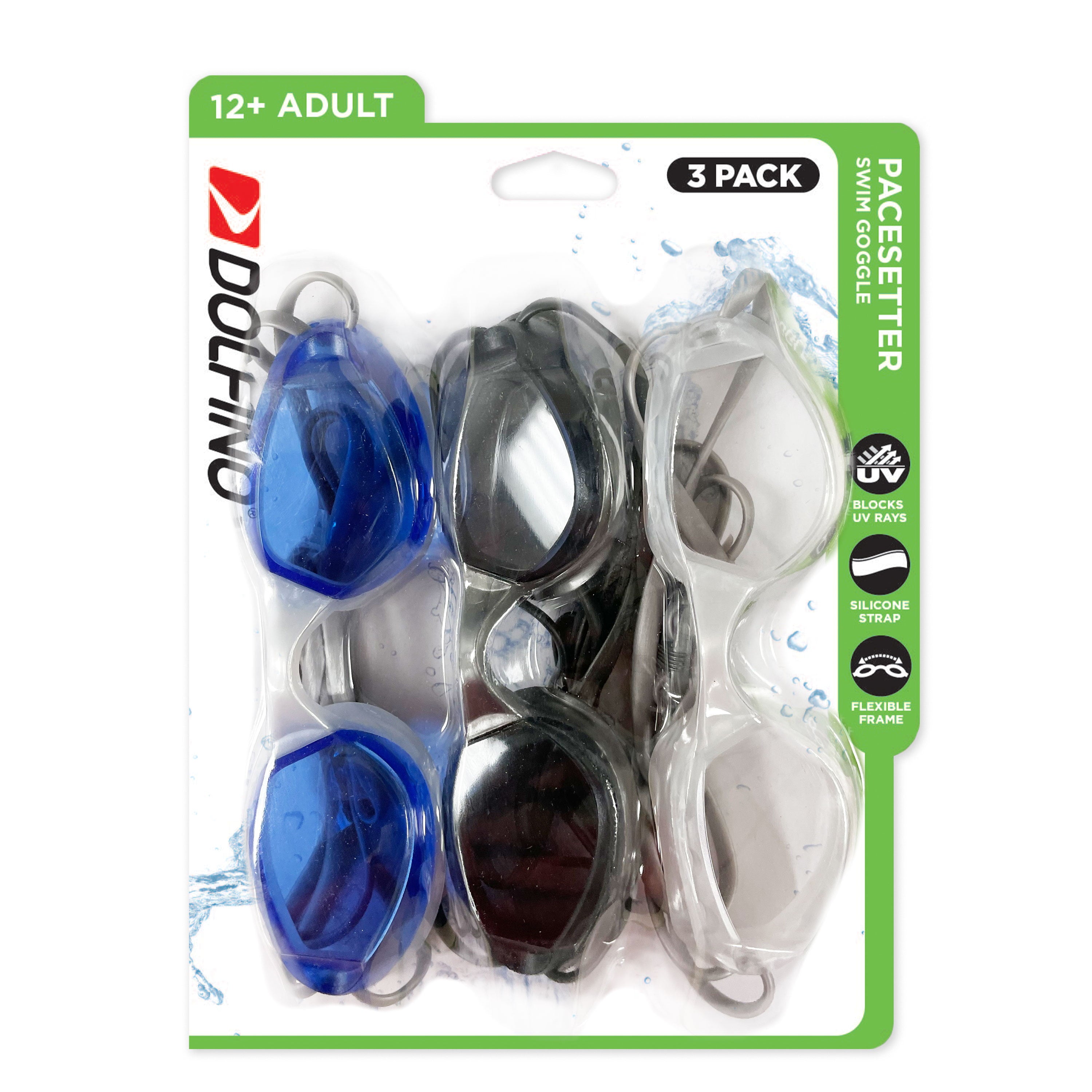 Dolfino Recreational Swim Pacesetter Adult Swim Goggle (3 Pack)