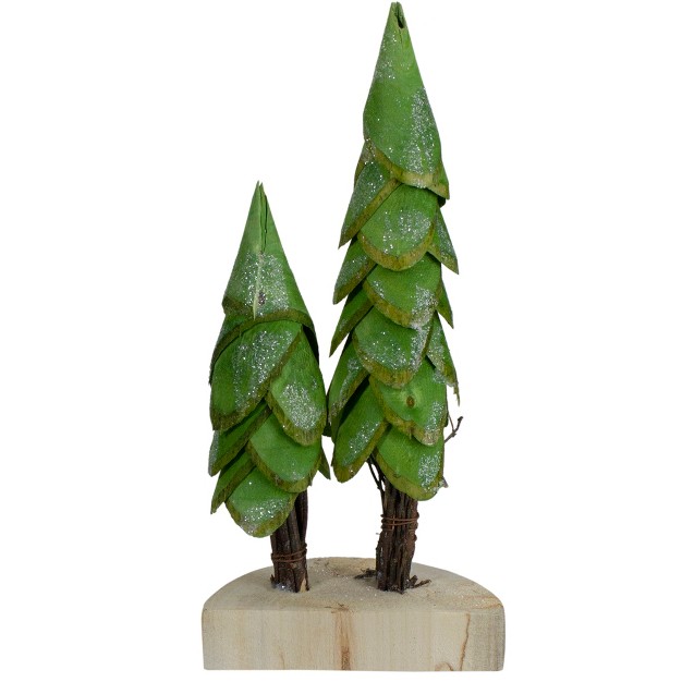 Brown And Green Christmas Trees On A Wooden Base Tabletop Decor