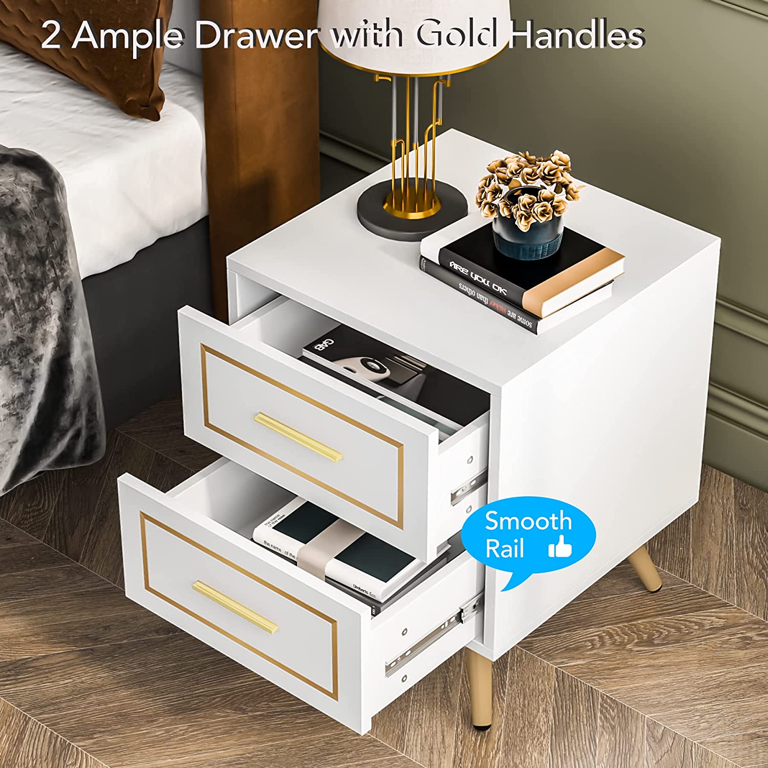 Tribesigns 2 Drawers Nightstand Sofa Table, Modern Wood Bedside Table for Bedroom with Metal Leg, White