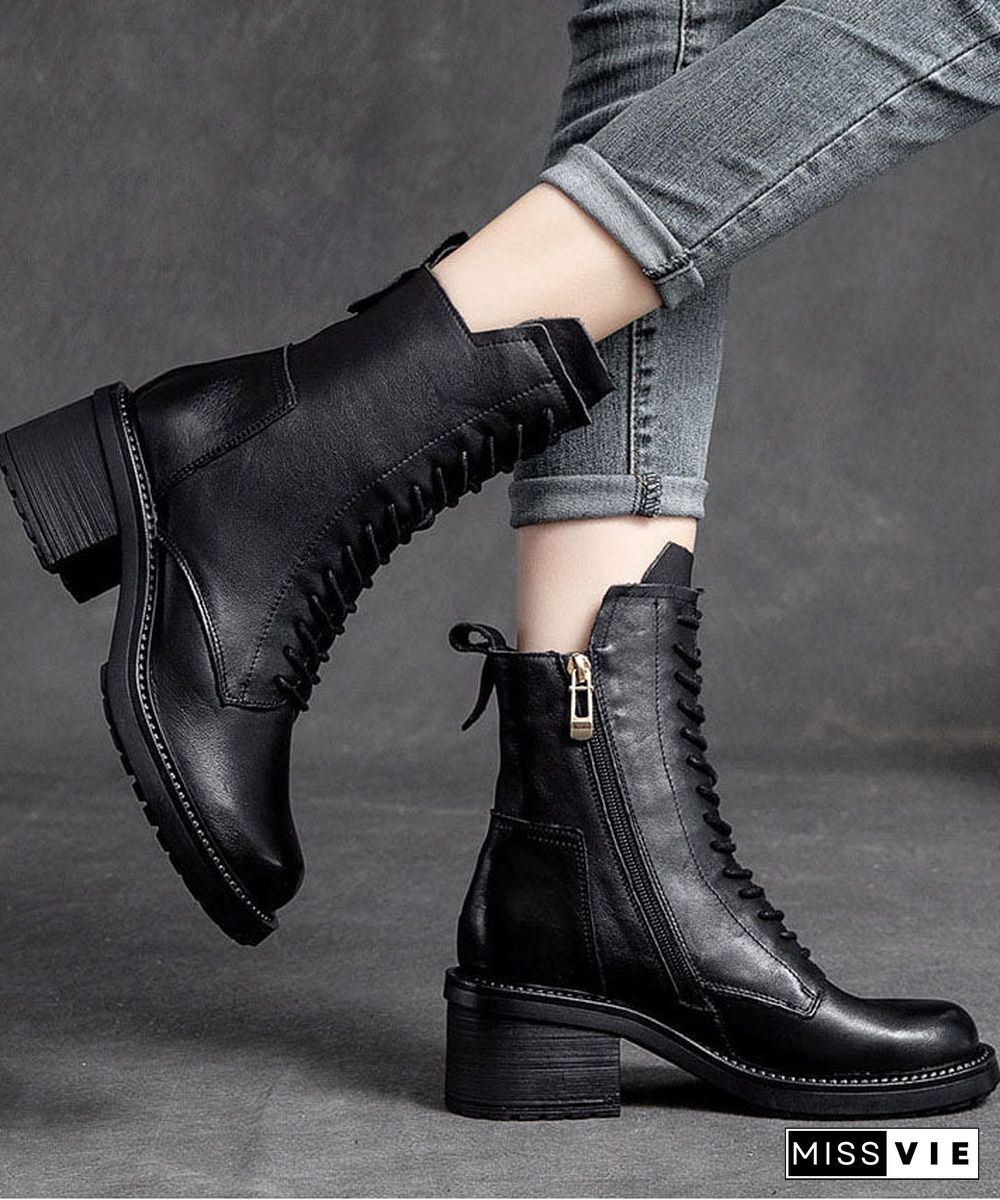 Black Biker Boots Chunky Zippered Cowhide Leather Casual Lace Up Boots