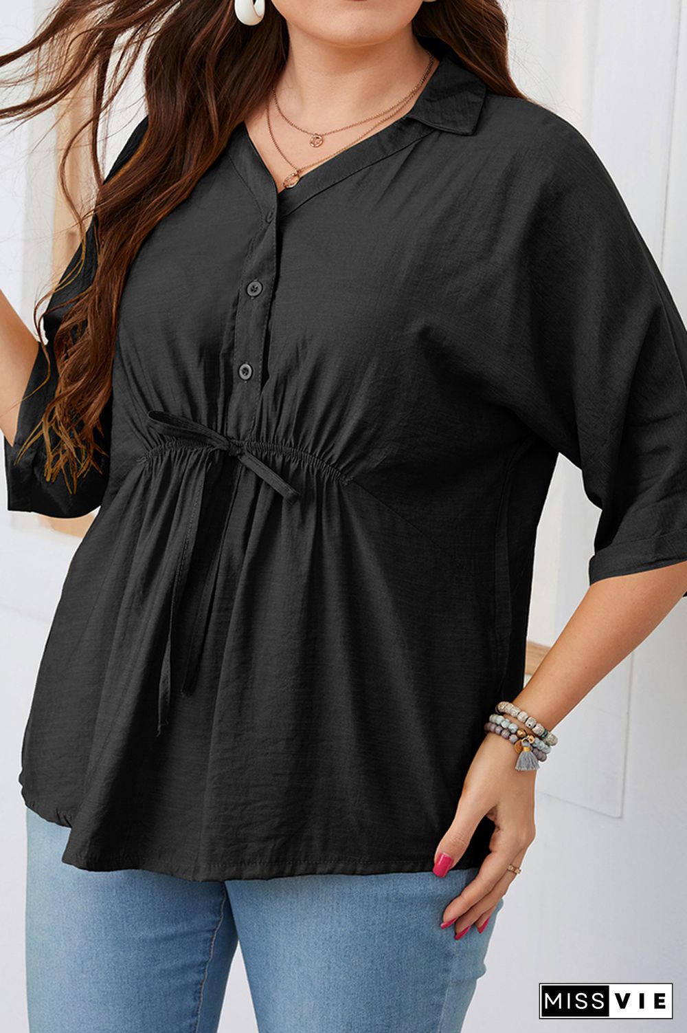 Button Down Front Tie Frill Plus Size Top Wholesale