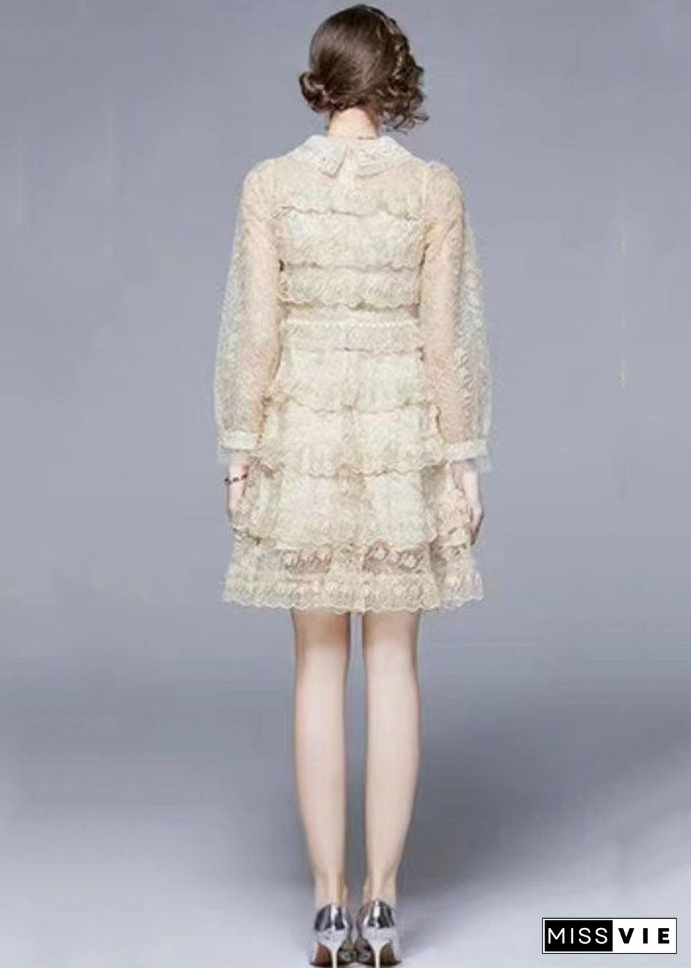 Beige Tulle Holiday Dress Peter Pan Collar Layered Ruffles Long Sleeve