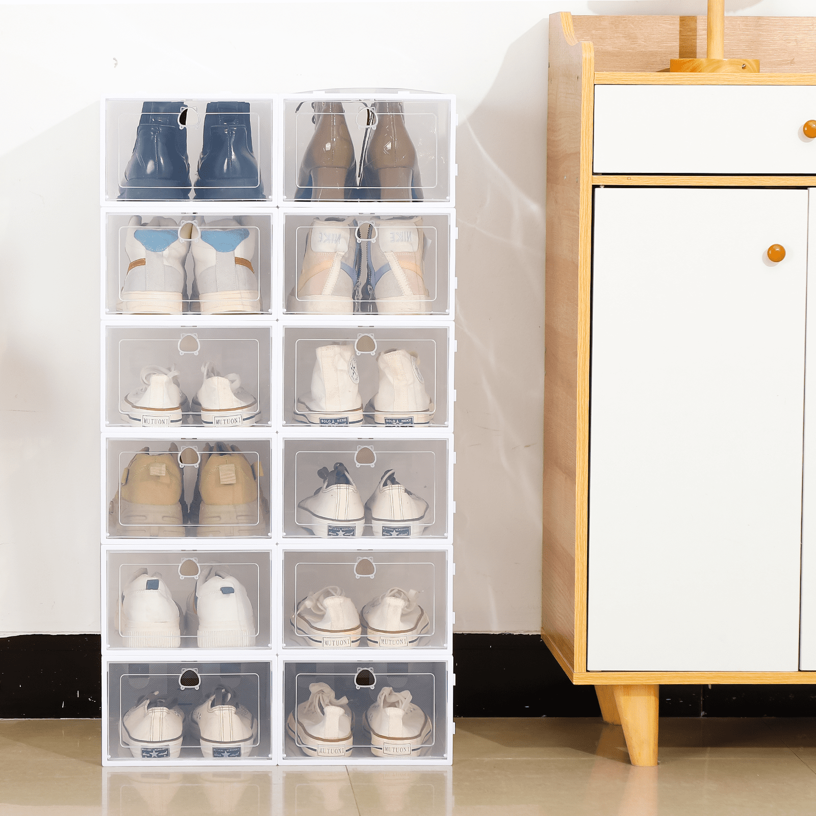 RIOUSERY Shoe Storage Box Set of 12， Clear Plastic Stackable Shoe Organizer for Closet， Shoe Containers with lids， Space Saving Sneaker Containers Bins Holders， Fit up to US Size 12