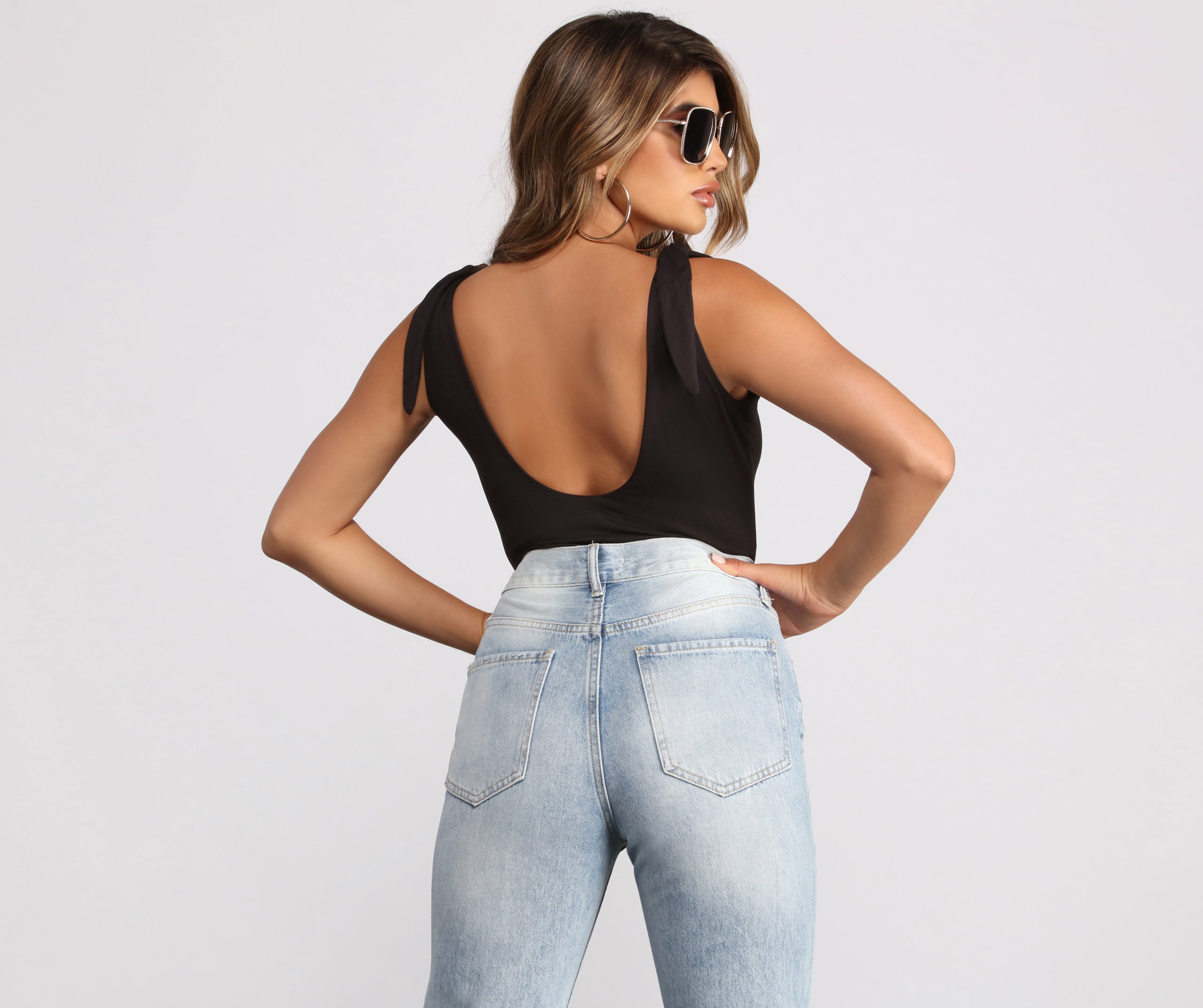 Plunging Tie Strap Basic Bodysuit