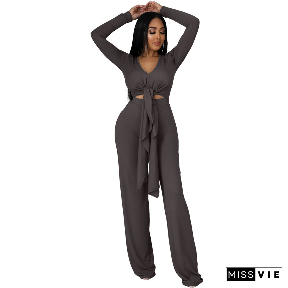 V Neck Irregular Top Straight-leg Pants Set