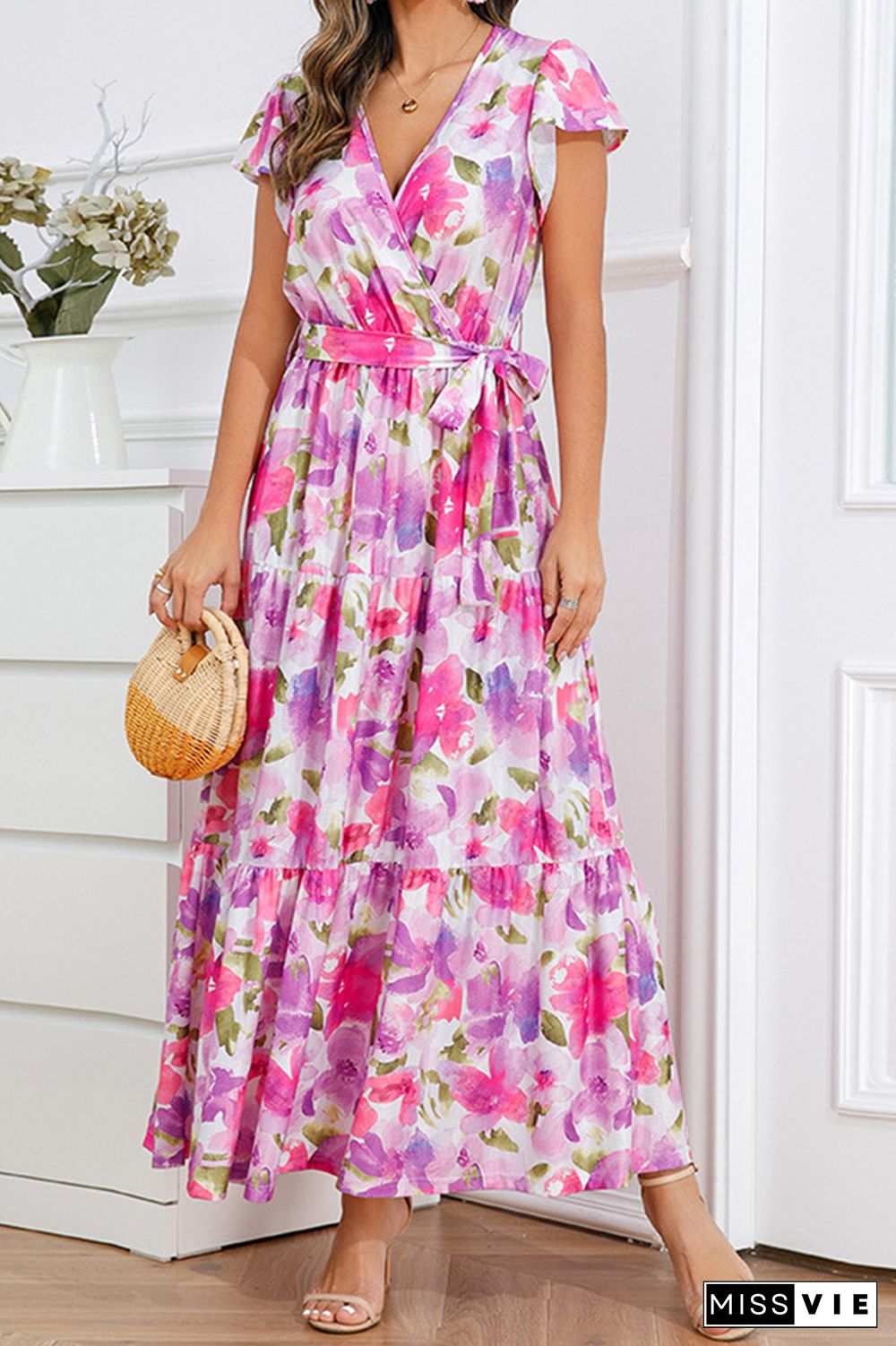 V Neck Flare Sleeves Floral Maxi Dress With Sash