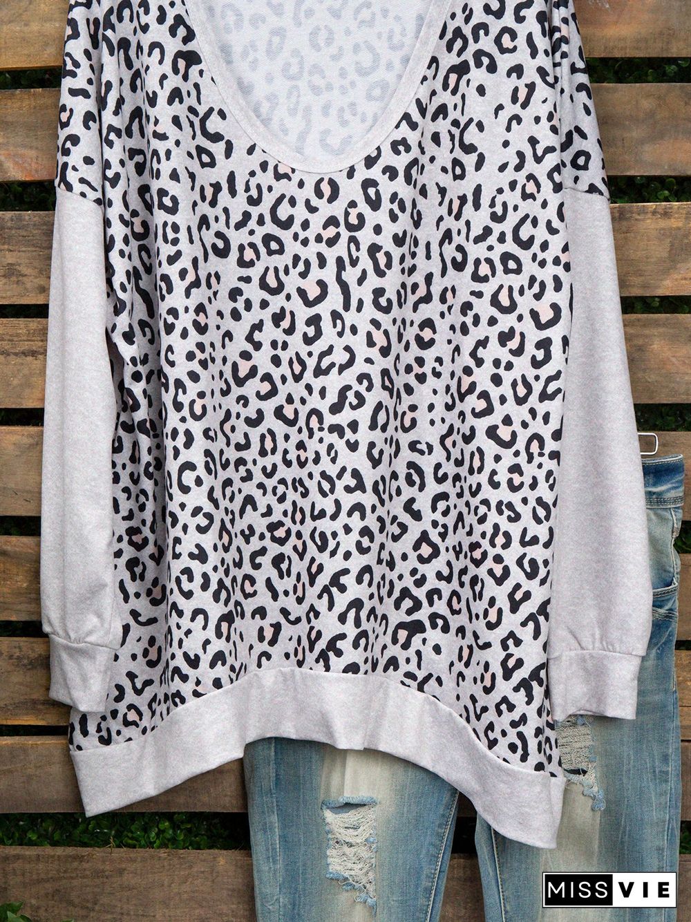 Casual Long Sleeve Color-Block Leopard T-shirt