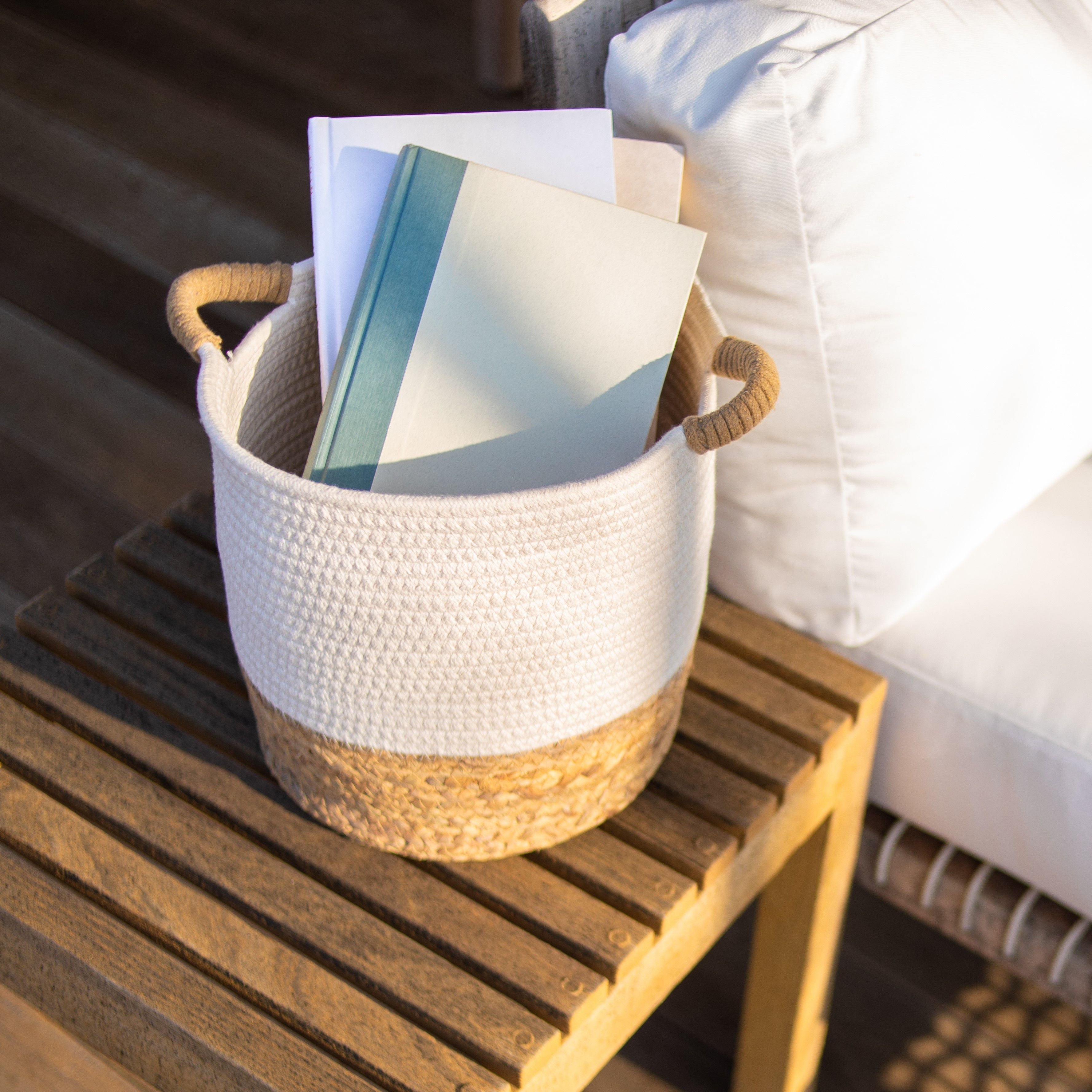 Set of 2 Round Storage Basket, Braided Seagrass & Cotton Rope (MD+SM), Natural & White