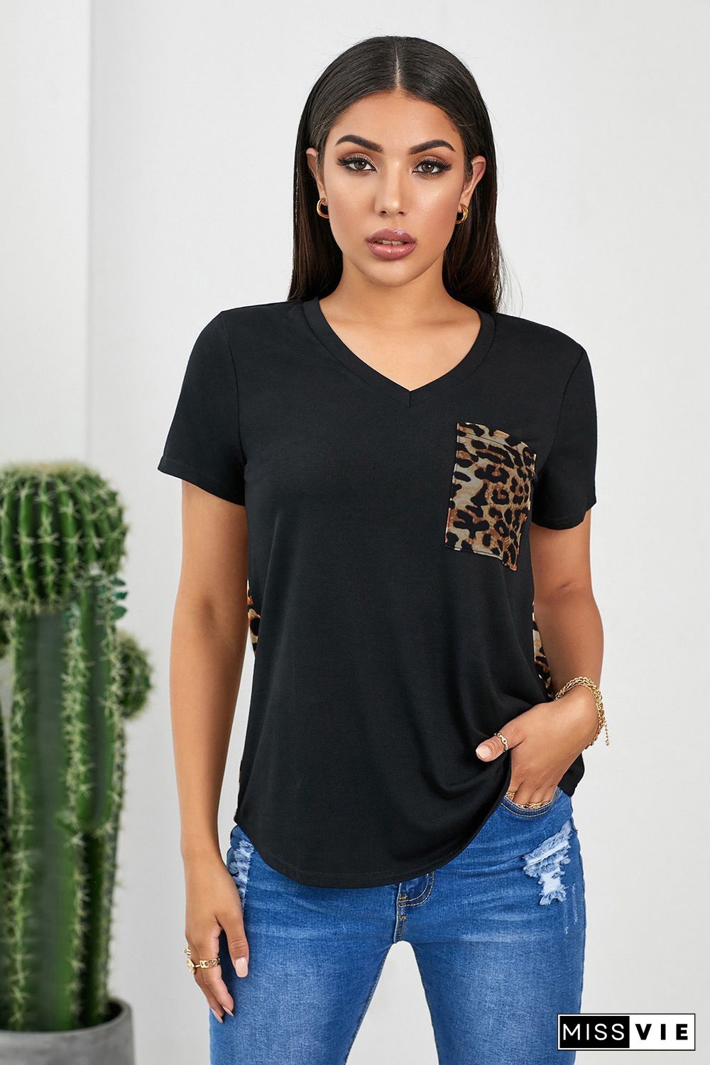 Leopard Printed Splicing T-Shirt