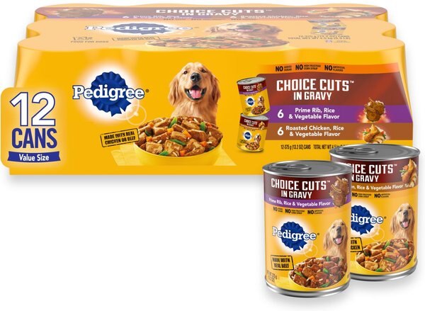 Pedigree Choice Cuts in Gravy Prime Rib， Rice and Vegetable Flavor and Roasted Chicken Adult Canned Wet Dog Food Variety Pack， 13.2 oz， case of 12