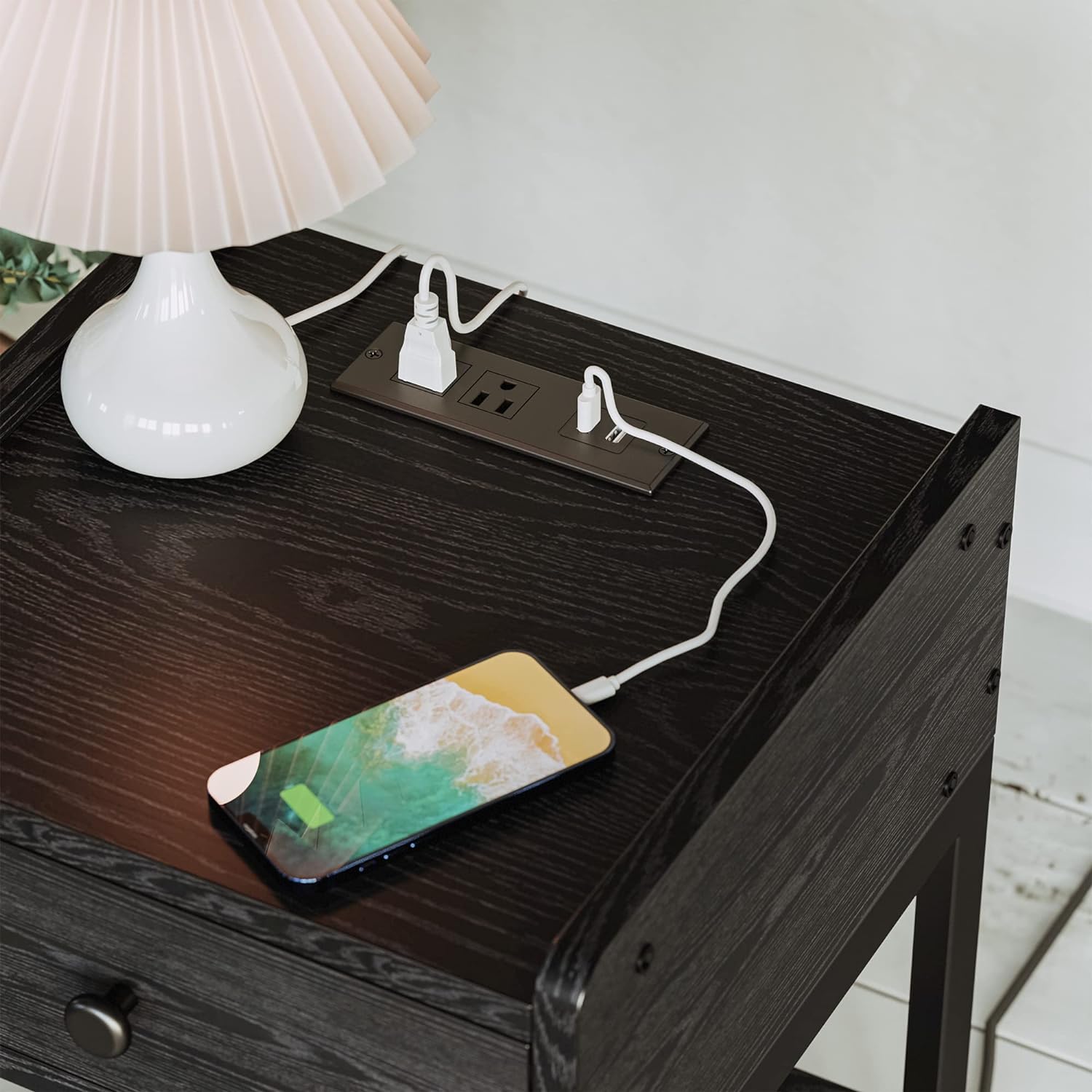 Nightstand Bedside Table with Charging Station, Small End Table with Storage Drawer and Shelf, Vintage Brown