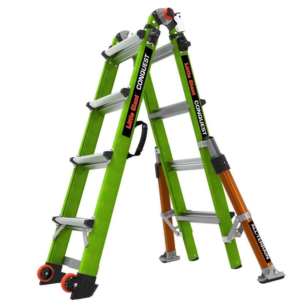 Conquest All-Terrain, Model 17 - ANSI Type 1A - 300 lb Rated - Fiberglass Articulated Extendable Ladder with Adjustable Outriggers, Accessory Ports, Carry Handle, V-Bar and Tip & Glide Wheels