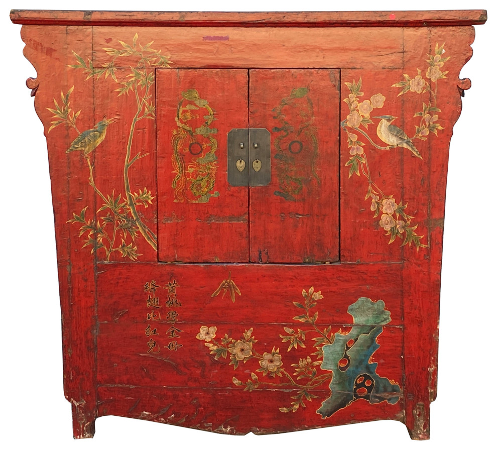 Chinese Vintage Red Golden Flower Birds Scenery Armories Storage Cabinet Hcs6035   Asian   Accent Chests And Cabinets   by Golden Lotus Antiques  Houzz