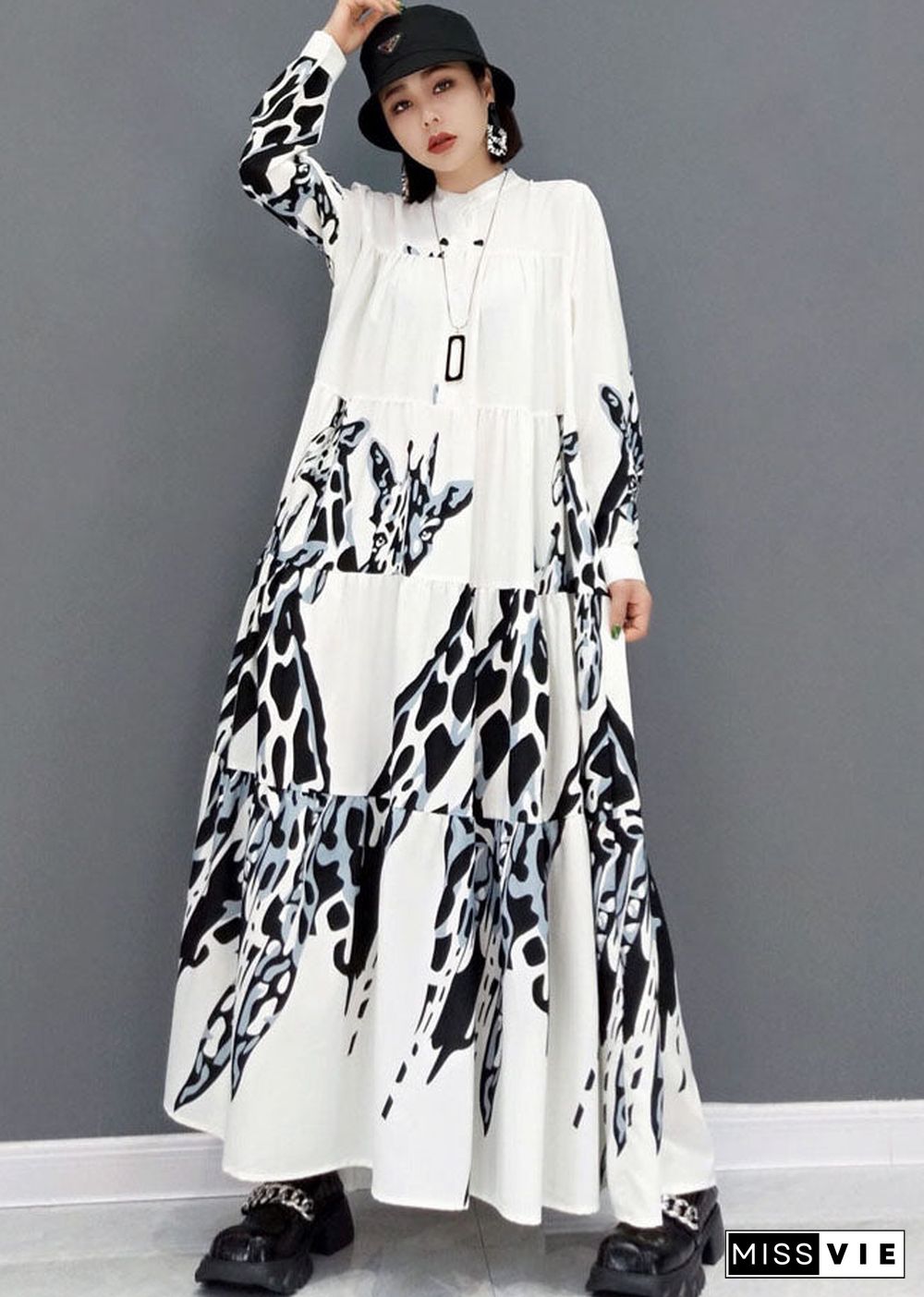 Plus Size White Stand Collar Print Pleated Long Dresses Long Sleeve