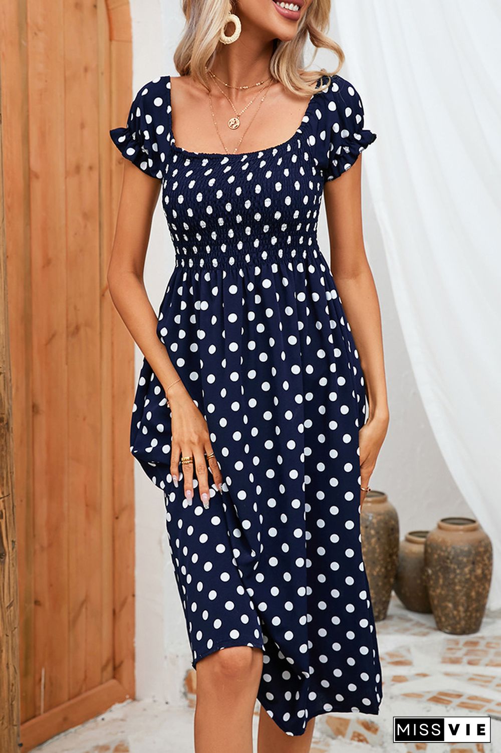 Smocked Off Shoulder Printed Midi Dress