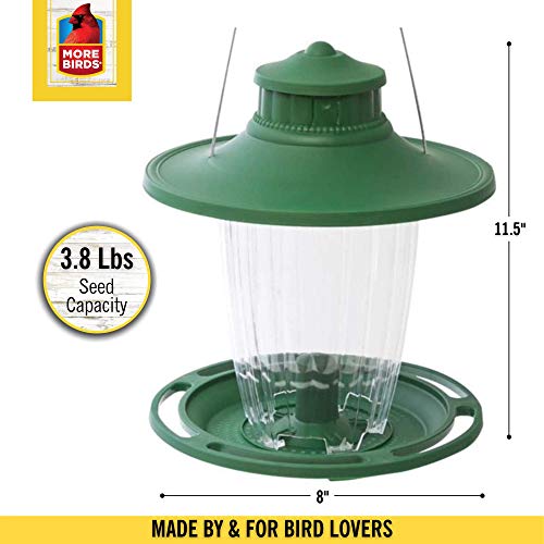 More Birds Large Lantern Bird Feeder， Wild Bird Feeder， 5 Feeding Ports， 3.8-Pound Seed Capacity， Green