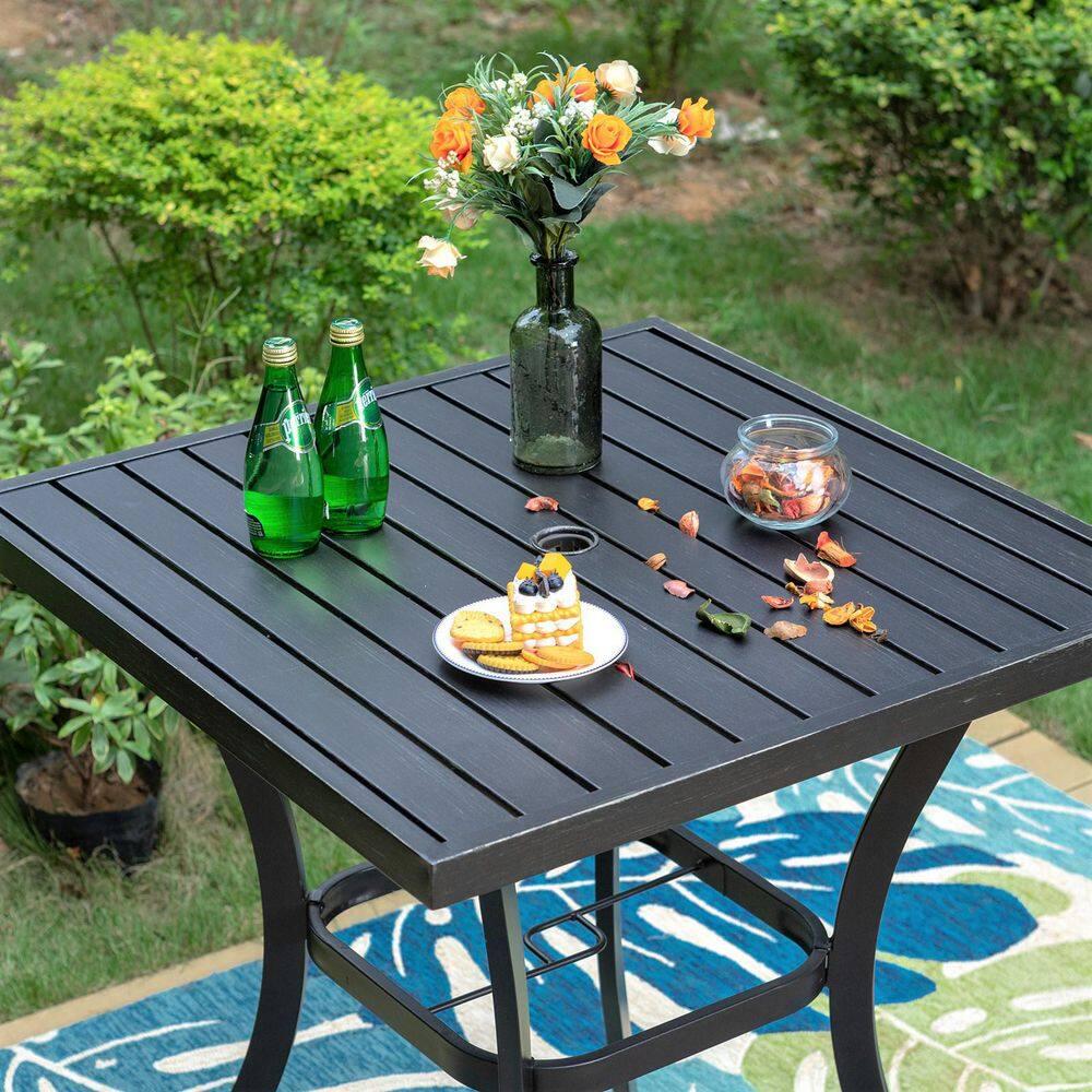 PHI VILLA 157 in Black Square Metal Patio Outdoor Bistro Table with Umbrella Hole