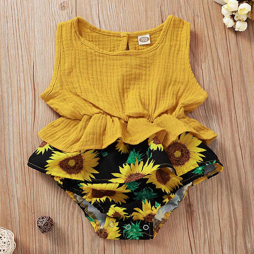 Newborn Baby Girl Romper Bodysuit Tutu Dress Summer Clothes Outfit Flower Print Jumpsuit Yellow 86cm