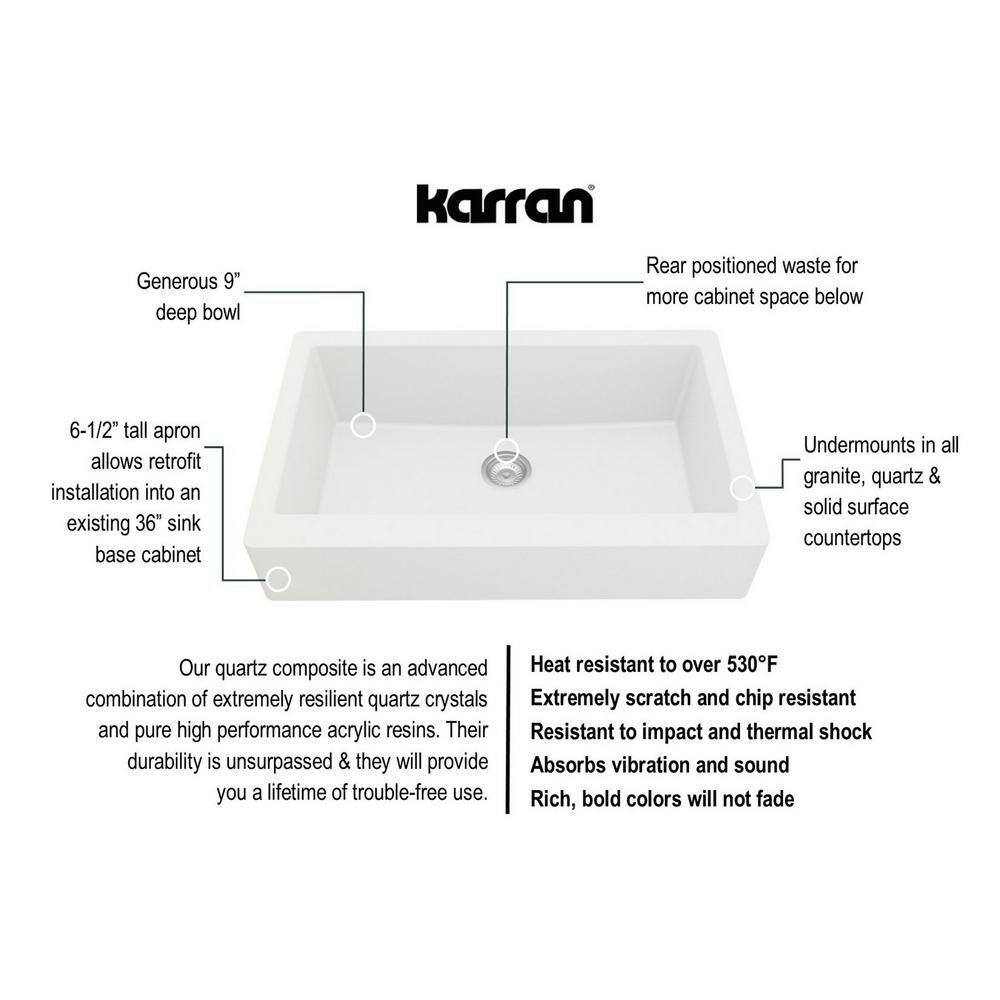 Karran QAR-740 QuartzGranite 34 in. Single Bowl Retrofit FarmhouseApron Front Kitchen Sink in White with Grid and Strainer QAR-740-WH-PK1