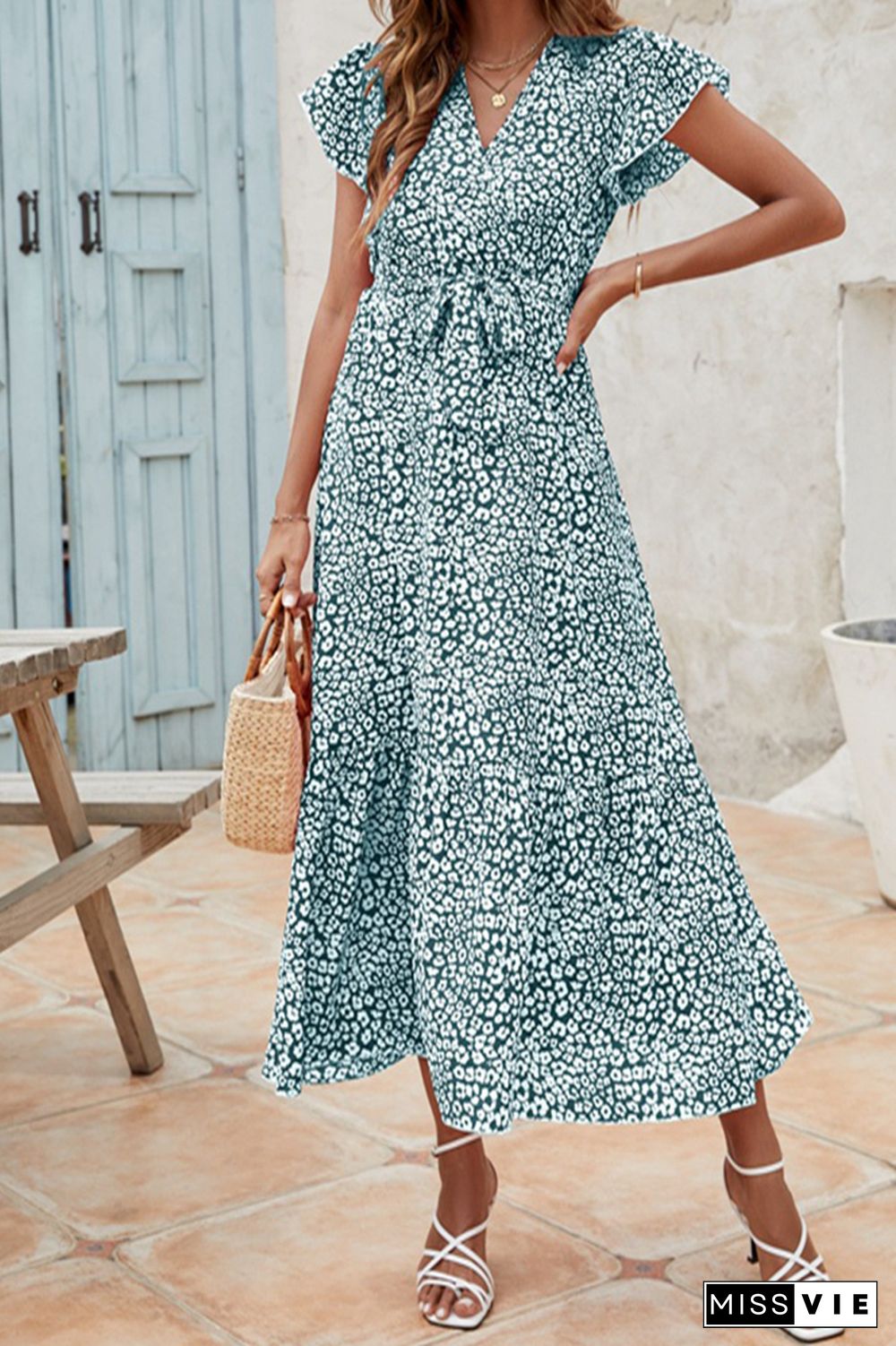 Floral Print Short Sleeve V Neck Long Dress Wholesale