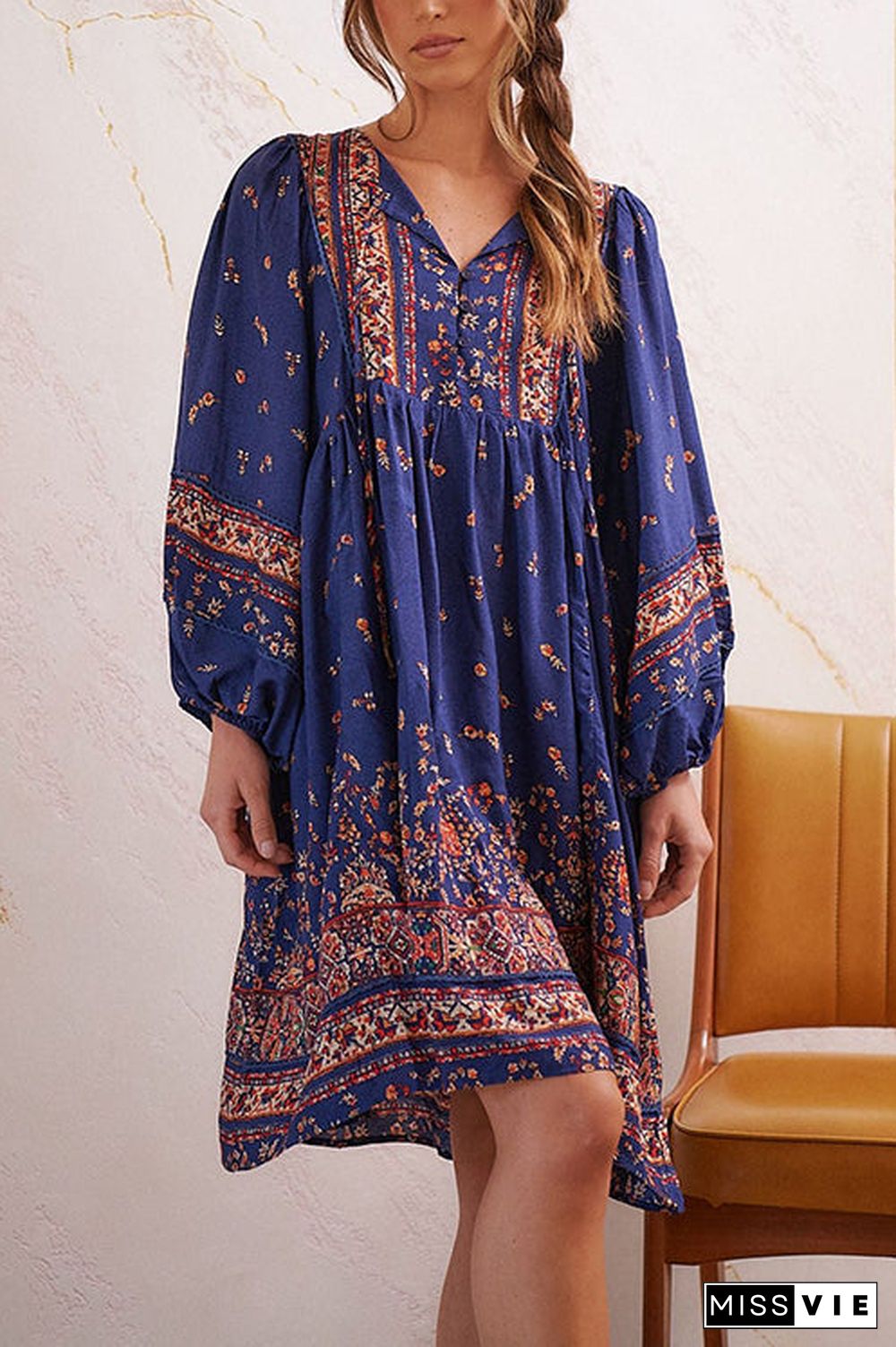 Boho Print Long Sleeve Mini Dress