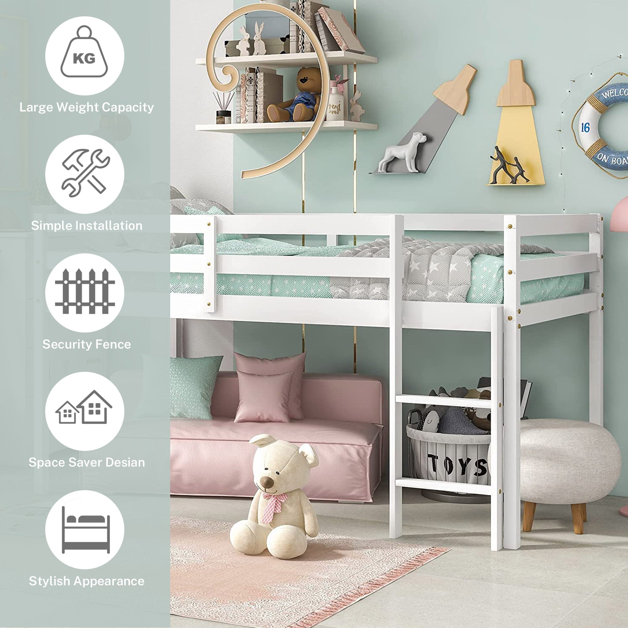 Twin Wood Loft Bed with Full-length Safety Rail and Ladder, Modern Loft Bed Frame for Kids Teens Adult, Space Saving Bedroom Low Loft Bed, No Box Spring Needed, White, J2309