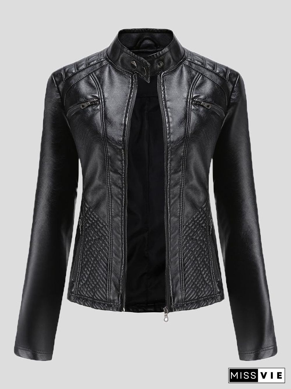 Women's Jackets Casual Stand-Collar Slim Solid Leather Jacket