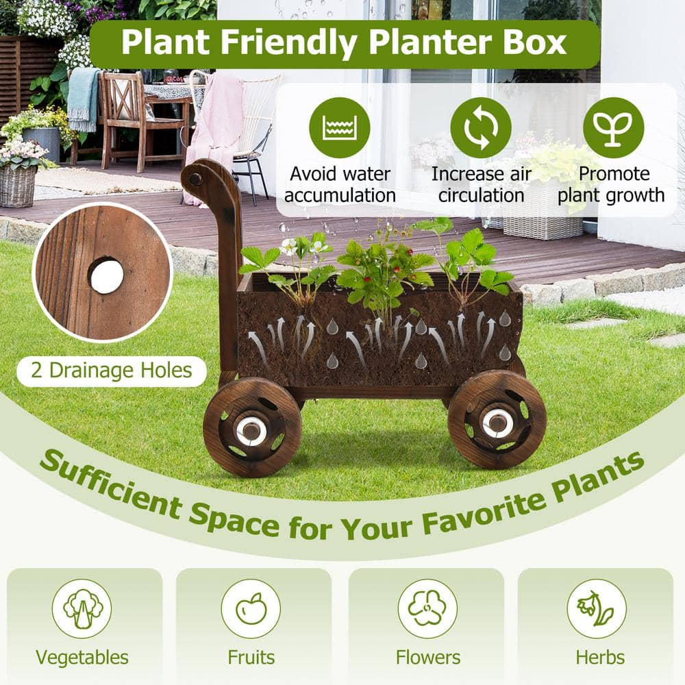 HONEY JOY Wooden Wagon Planter Box Decorative Garden Planter with Wheels Handle Drain Hole Rustic Wooden Flower Planter TOPB006816