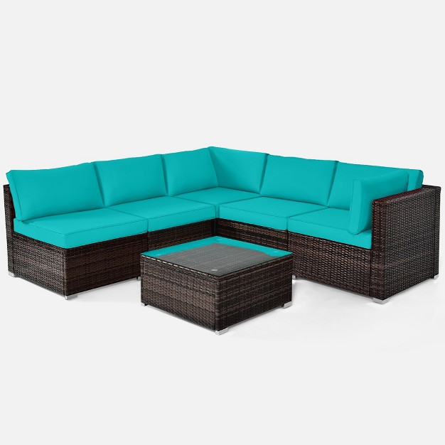 Costway 6pcs Patio Rattan Furniture Set Cushioned Sofa Coffee Table Garden